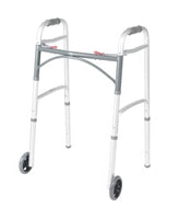 Folding Walker, Adult, with 5" Wheels, Push Button Dual Release, Aluminum, Adjustable Height 32" to 39", 350 lb. Capacity