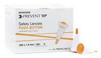 McKesson Prevent Safety Lancet Fixed Depth Lancet Needle 1.0 mm Depth 28 Gauge Push Button Activated, 16-PBHPSL28G1.0 - Box of 100